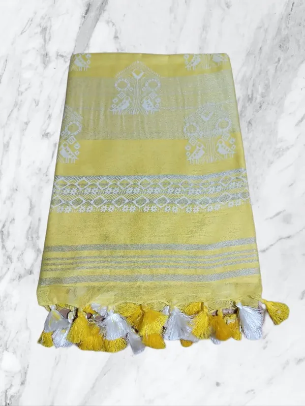 Yellow_Bhagalpuri_Khari/Block_Print_Linen_Slub_Saree_With_Runnig_Blouse_Piece_For_Women