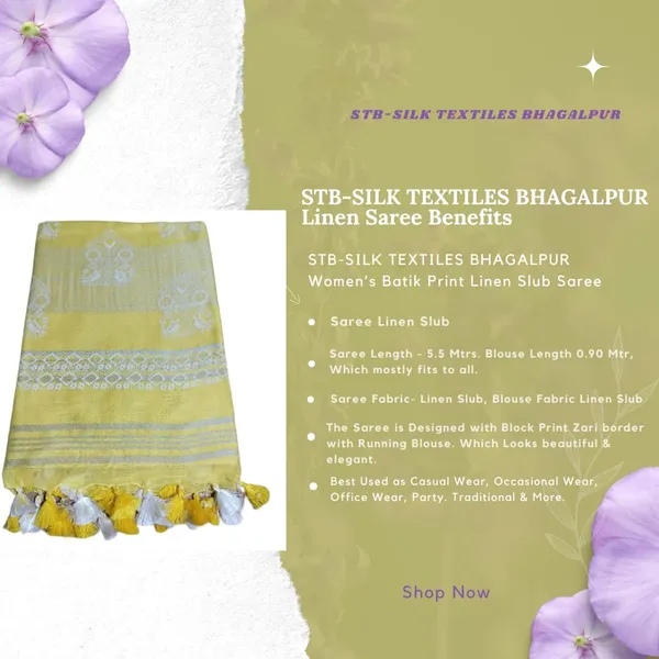 Yellow_Bhagalpuri_Khari/Block_Print_Linen_Slub_Saree_With_Runnig_Blouse_Piece_For_Women