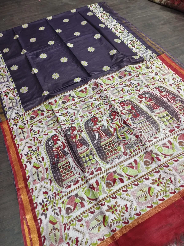 Women's_Semi_Tussar_Silk_Madhubani_Print_Saree_With_Running_Blouse_Piece