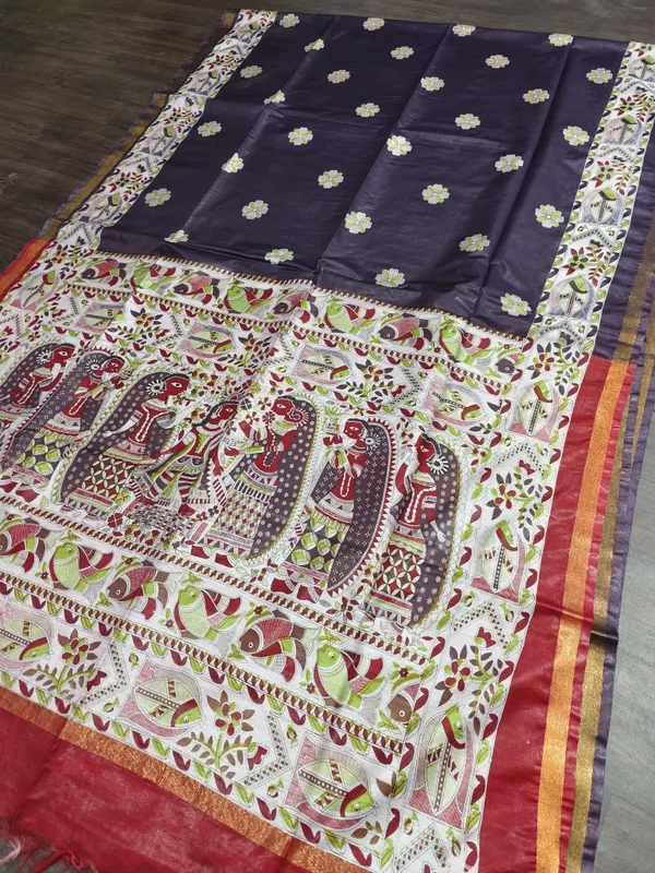 Women's_Semi_Tussar_Silk_Madhubani_Print_Saree_With_Running_Blouse_Piece