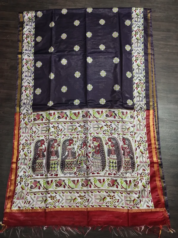Women's_Semi_Tussar_Silk_Madhubani_Print_Saree_With_Running_Blouse_Piece