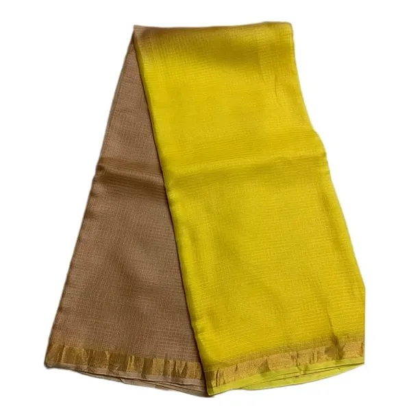 Brown_&_Yellow_Bhagalpuri_Pure_Kota_Doria_Silk_Saree_With_Small_Zari_Boder_And_Running_Blouse_Piece_For_Women