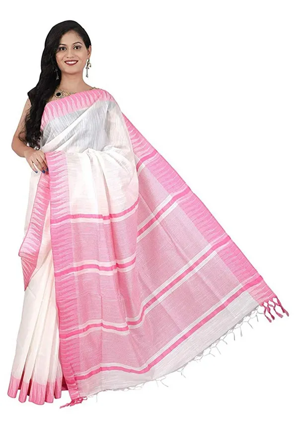 Pink_&_White_Women'_Art_Silk_Temple_Border_White_Color_Saree_With_Running_Contrast_Blouse_Piece_For_Women