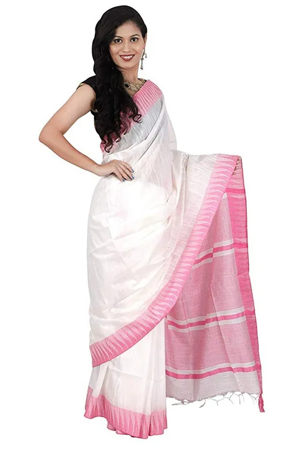Pink_&_White_Women'_Art_Silk_Temple_Border_White_Color_Saree_With_Running_Contrast_Blouse_Piece_For_Women