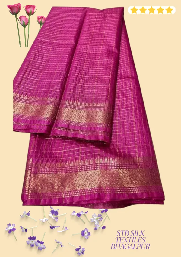 Women's_Bhagalpuri_Handwoven_Mini_Checks_Semi_Tussar_Soft_Silk_Saree_With_Designer_Zari_Border_Weaving,_Unstitched_Running_Blouse_Piece