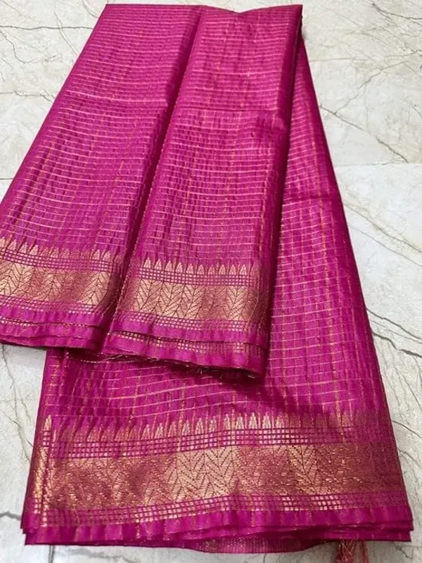Women's_Bhagalpuri_Handwoven_Mini_Checks_Semi_Tussar_Soft_Silk_Saree_With_Designer_Zari_Border_Weaving,_Unstitched_Running_Blouse_Piece