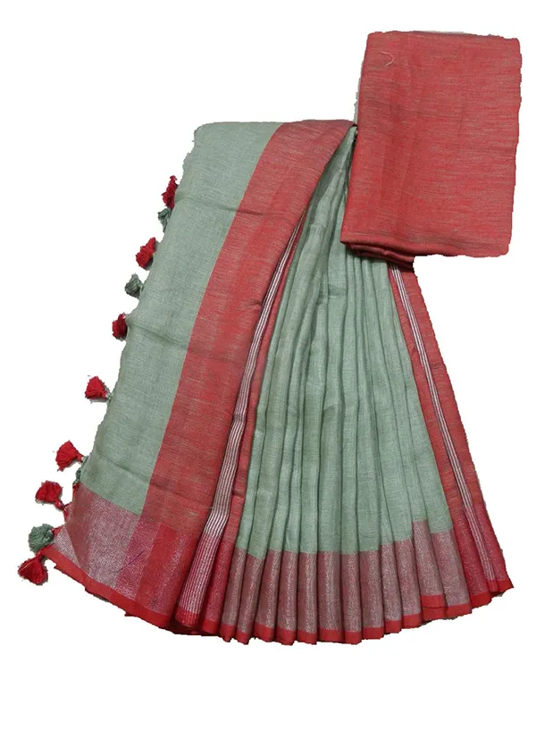 Olive_Linen_Saree_With_Contrast_Blouse_Piece_For_Women