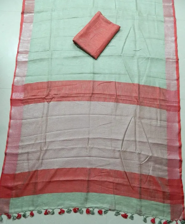 Olive_Linen_Saree_With_Contrast_Blouse_Piece_For_Women