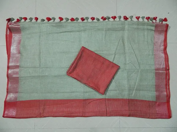 Olive_Linen_Saree_With_Contrast_Blouse_Piece_For_Women