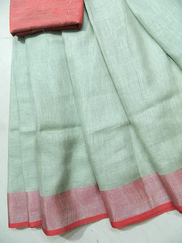 Olive_Linen_Saree_With_Contrast_Blouse_Piece_For_Women