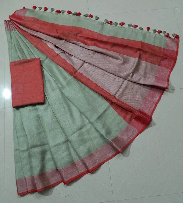 Olive_Linen_Saree_With_Contrast_Blouse_Piece_For_Women