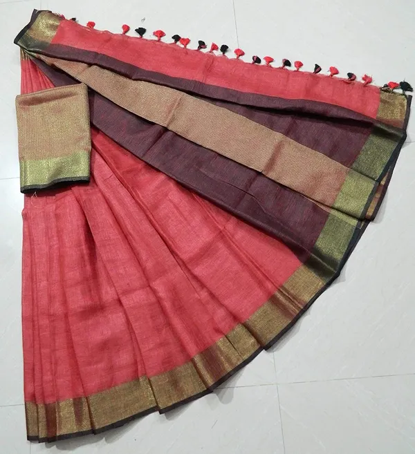 Red_Linen_Saree_With_Contrast_Blouse_Piece_For_Women