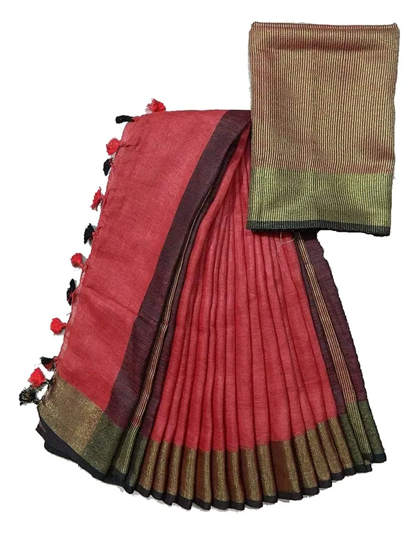 Red_Linen_Saree_With_Contrast_Blouse_Piece_For_Women