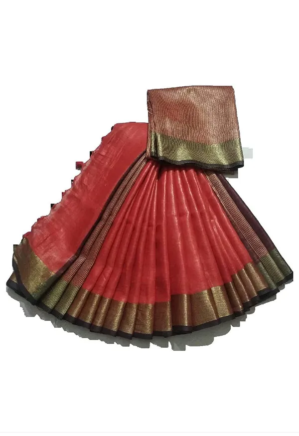 Red_Linen_Saree_With_Contrast_Blouse_Piece_For_Women