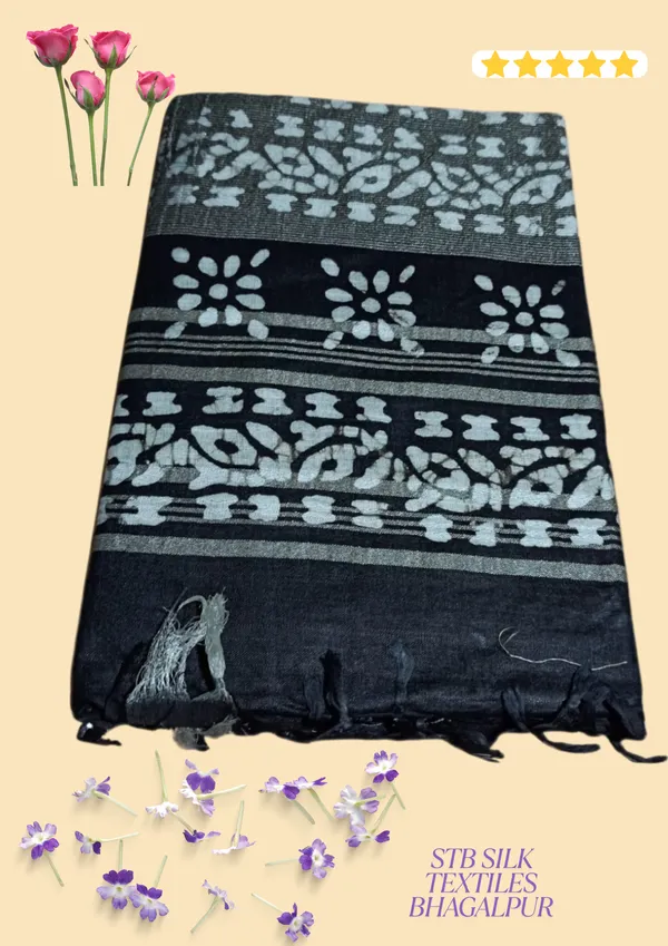 Black_Batik_Print_Linen_Slub_Saree_With_Runnig_Blouse_Piece_For_Women