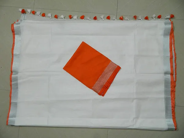 White_Linen_Slub_White_Color_Saree_With_Contrast_Blouse_Piece_For_Women