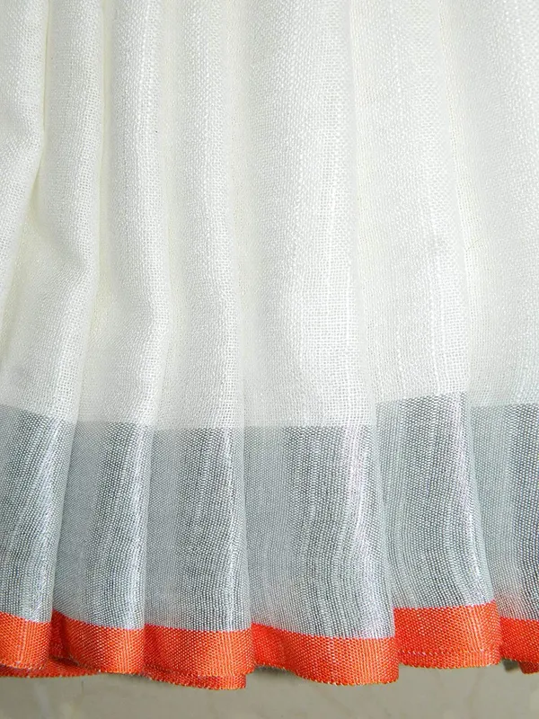 White_Linen_Slub_White_Color_Saree_With_Contrast_Blouse_Piece_For_Women