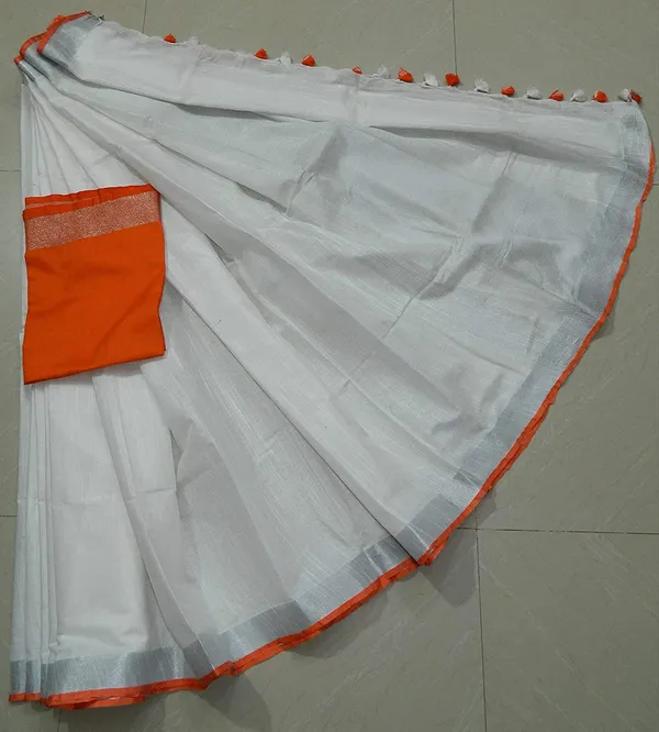 White_Linen_Slub_White_Color_Saree_With_Contrast_Blouse_Piece_For_Women
