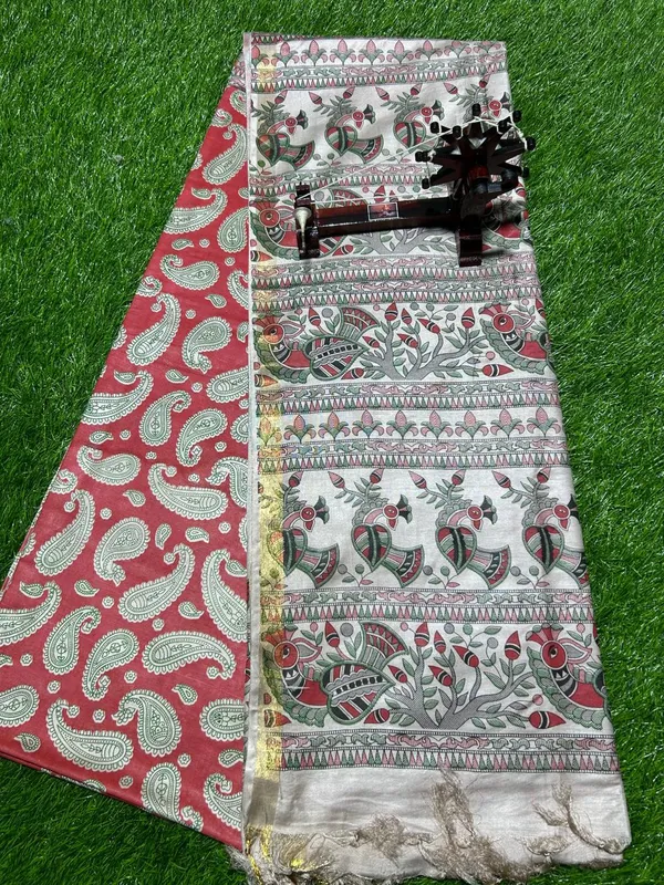 Red_Madhubani_Print_Semi_Tussar_Soft_Silk_Saree_With_Atteched_Blouse_Piece_For_Women