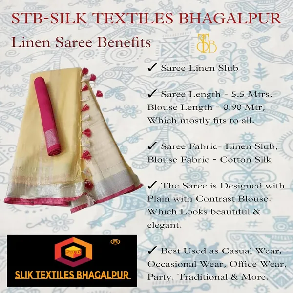 Cream_Linen_Slub_Saree_With_Contrast_Blouse_Piece_For_Women