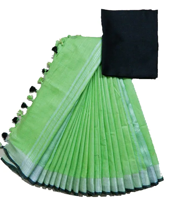 Green_Linen_Slub_Saree_Wih_Contrast_Blouse_Piece_For_Women