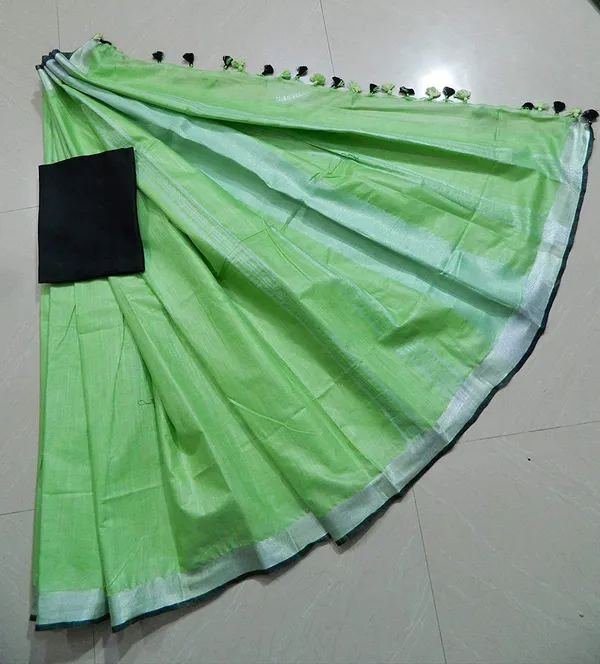 Green_Linen_Slub_Saree_Wih_Contrast_Blouse_Piece_For_Women
