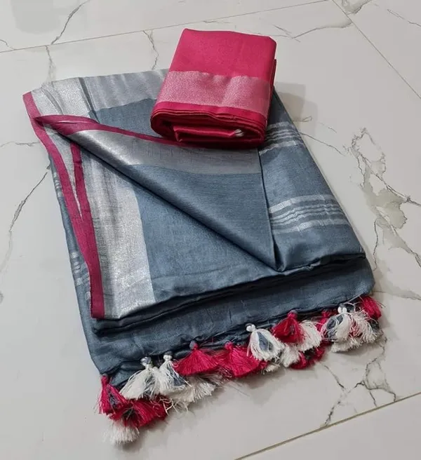 Grey_Linen_Slub_Saree_With_Contrast_Blouse_Piece_For_Women