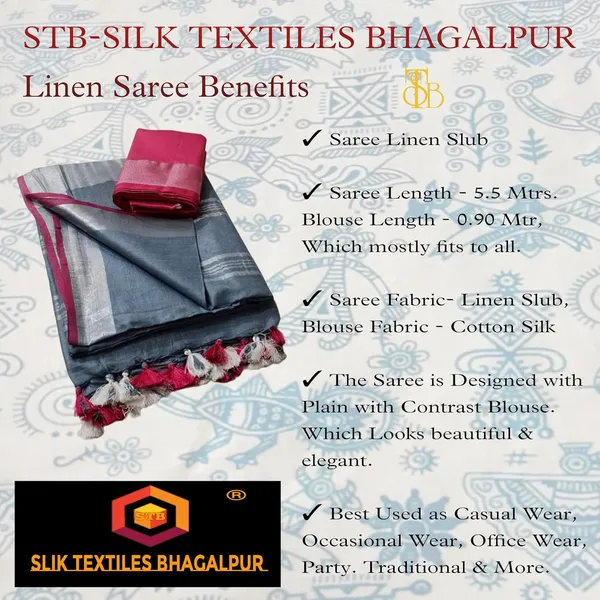 Grey_Linen_Slub_Saree_With_Contrast_Blouse_Piece_For_Women