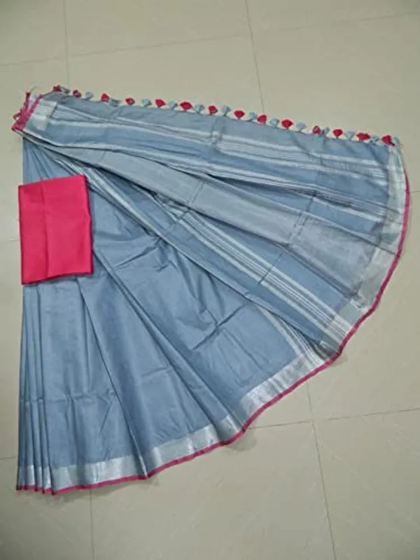 Grey_Linen_Slub_Saree_With_Contrast_Blouse_Piece_For_Women
