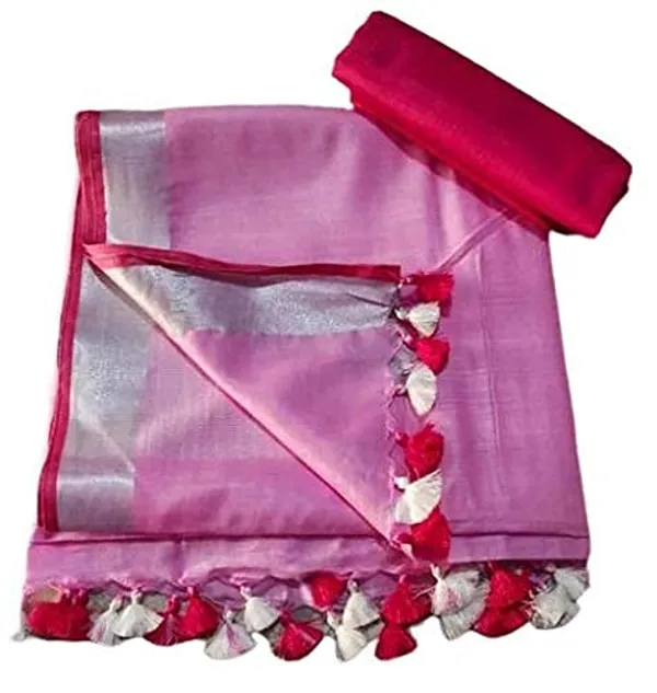 Pink_Linen_Slub_Saree_With_Contrast_Blouse_For_Women
