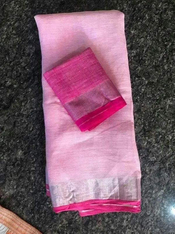 Pink_Linen_Slub_Saree_With_Contrast_Blouse_For_Women