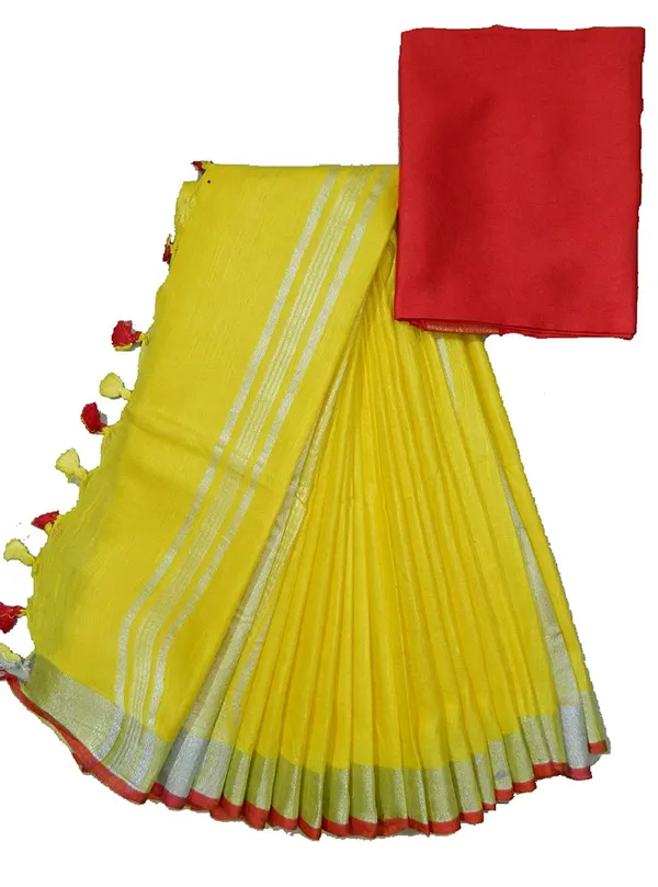 Yellow_Bhagalpuri_Linen_Slub_Saree_With_Contrast_Blouse_Piece_For_Women