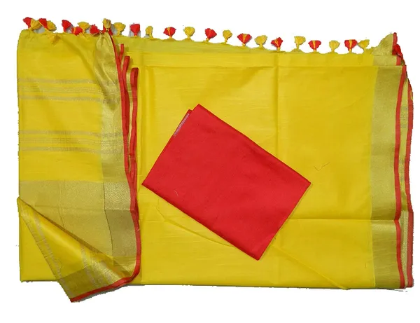 Yellow_Bhagalpuri_Linen_Slub_Saree_With_Contrast_Blouse_Piece_For_Women