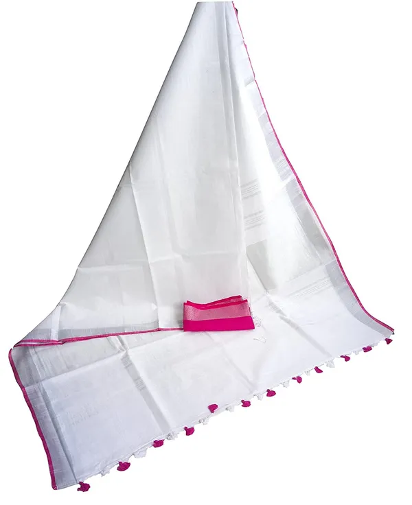 White_Linen_Slub_White_Color_Saree_With_Contrast_Blouse_Piece_For_Women