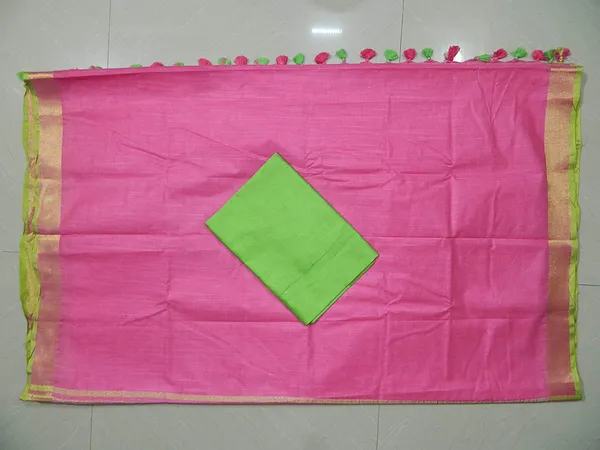 Pink_Linen_Slub_Saree_Wih_Contrast_Blouse_Piece_For_Women
