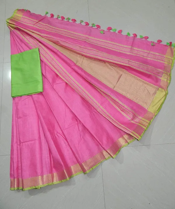 Pink_Linen_Slub_Saree_Wih_Contrast_Blouse_Piece_For_Women