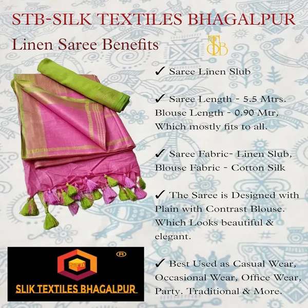 Pink_Linen_Slub_Saree_With_Contrast_Blouse_Piece_For_Women