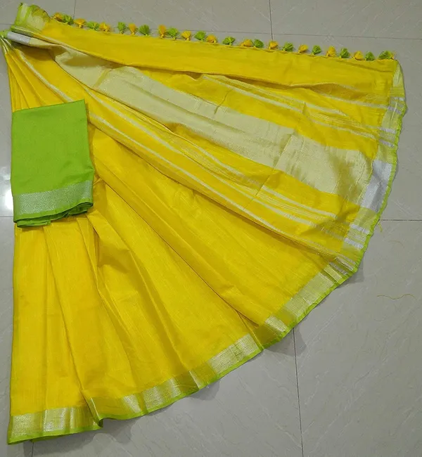 Yellow_Linen_Slub_Saree_Wih_Contrast_Blouse_Piece_For_Women