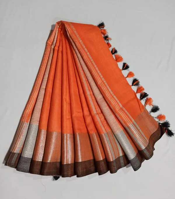 Orange_Bhagalpuri_Linen_Slub_Saree_With_Blouse_Piece_For_Women