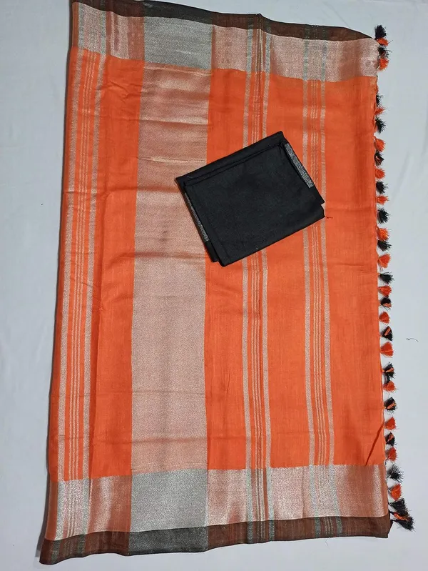 Orange_Bhagalpuri_Linen_Slub_Saree_With_Blouse_Piece_For_Women