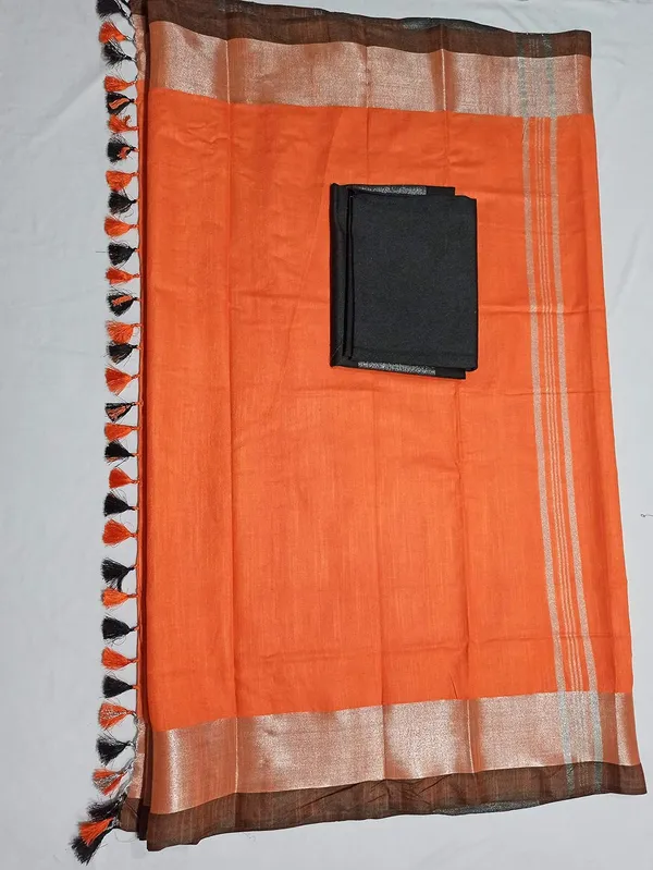 Orange_Bhagalpuri_Linen_Slub_Saree_With_Blouse_Piece_For_Women