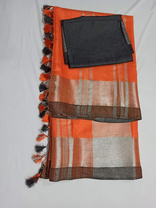 Orange_Bhagalpuri_Linen_Slub_Saree_With_Blouse_Piece_For_Women