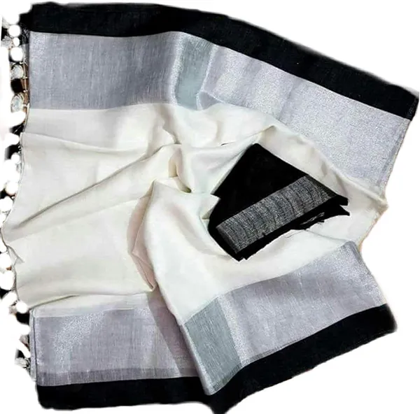 White_Bhagalpuri_Linen_Slub_Saree_With_Blouse_Piece_For_Women
