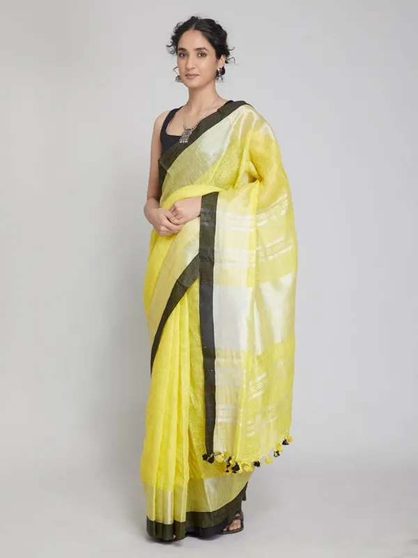Yellow_Bhagalpuri_Linen_Slub_Saree_With_Blouse_Piece_For_Women