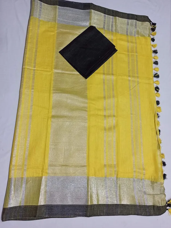 Yellow_Bhagalpuri_Linen_Slub_Saree_With_Blouse_Piece_For_Women