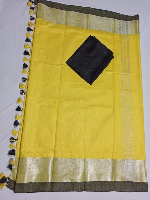 Yellow_Bhagalpuri_Linen_Slub_Saree_With_Blouse_Piece_For_Women