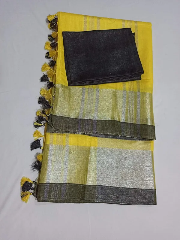 Yellow_Bhagalpuri_Linen_Slub_Saree_With_Blouse_Piece_For_Women