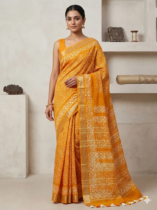 Batik_Golden_Batik_Print_Linen_Slub_Saree_With_Runnig_Blouse_Piece_For_Women