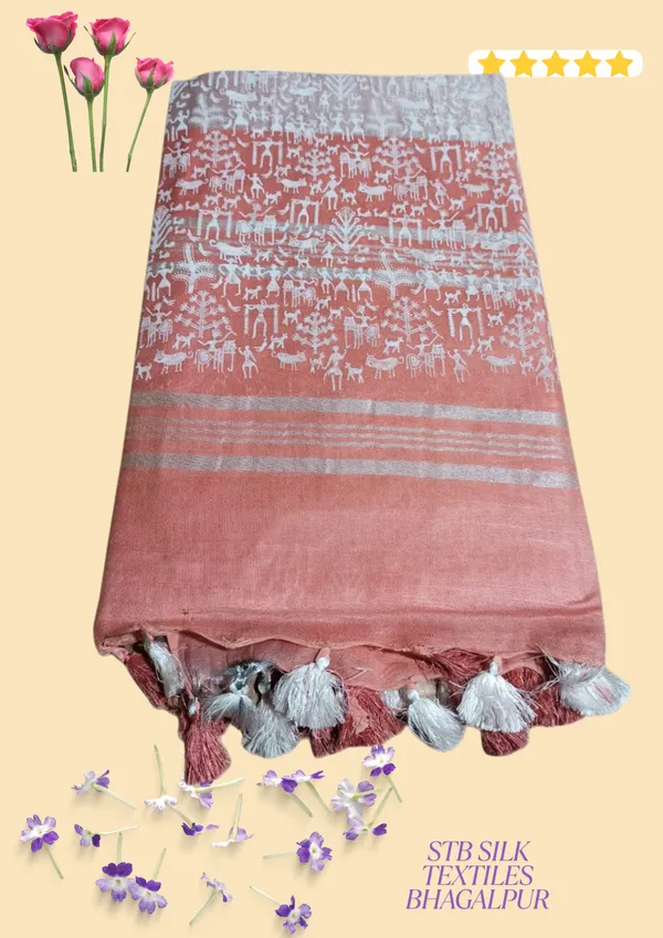 Peach_Bhagalpuri_Khari/Block_Print_Linen_Slub_Saree_With_Runnig_Blouse_Piece_For_Women