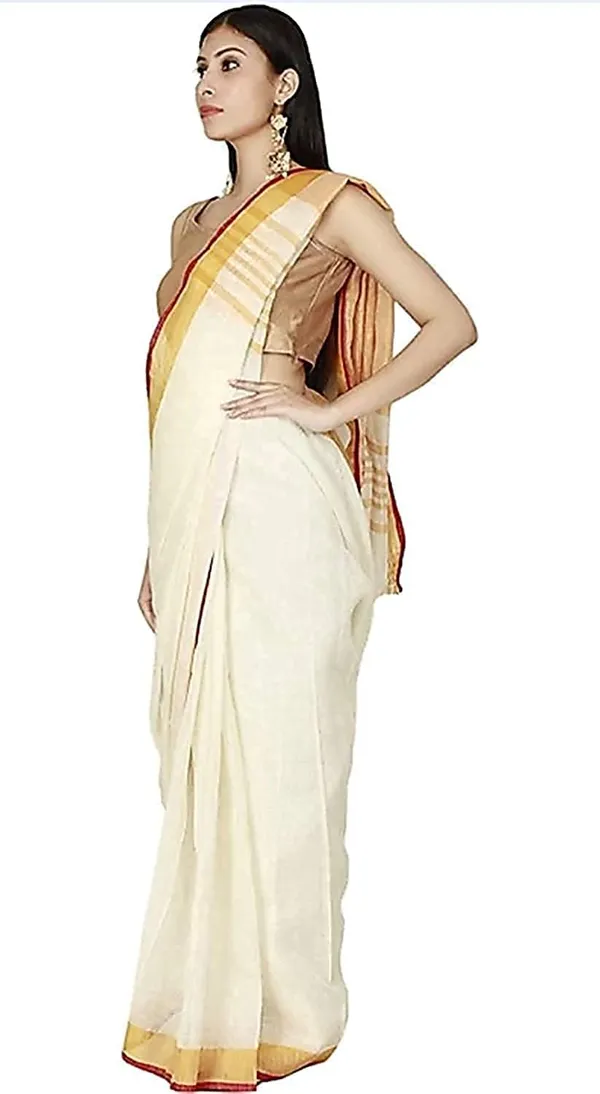 Cream_Linen_Slub_Saree_Wih_Contrast_Blouse_Piece_For_Women
